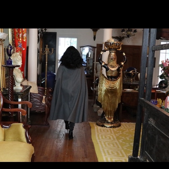 Rare Designer FL Fur trim hood Gray cape Coat S-M - Picture 6 of 8